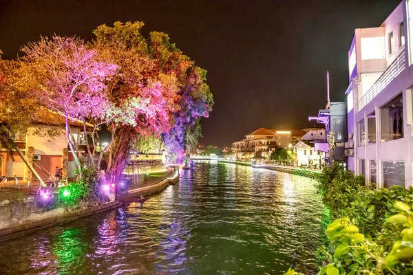 Malacca Malaysia December 2019 Beautiful Night Lights Melaka River Buildings — Stock Photo, Image