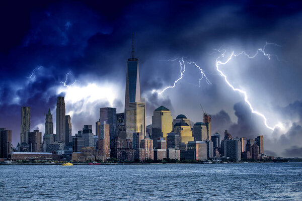 Downtown Manhattan skyline under a coming storm, New York City - USA.