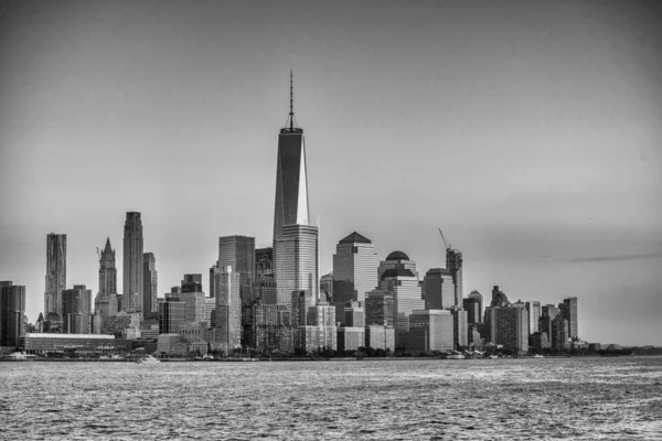 Csodálatos Naplemente Színek Lower Manhattan Városkép Komp Hajó New York — Stock Fotó