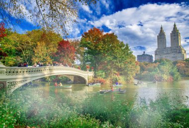 Yeşillik mevsiminde Central Park ve Bow Köprüsü 'nün inanılmaz renkleri, Manhattan.