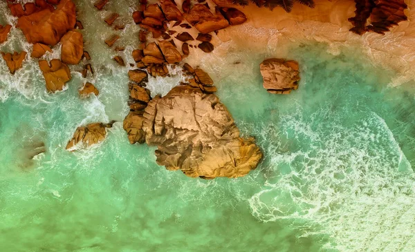 Luftaufnahme Vom Atemberaubenden Strand Der Seychellen Drohnenblick Nach Unten Indischer — Stockfoto