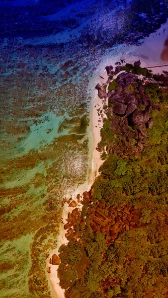 Vista Aérea Increíble Playa Seychelles Mirador Drones Hacia Abajo Océano — Foto de Stock