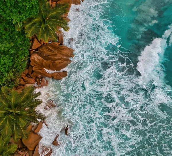 Вид Воздуха Удивительный Пляж Сейшельских Островов Взгляд Беспилотника Вниз Индийский — стоковое фото