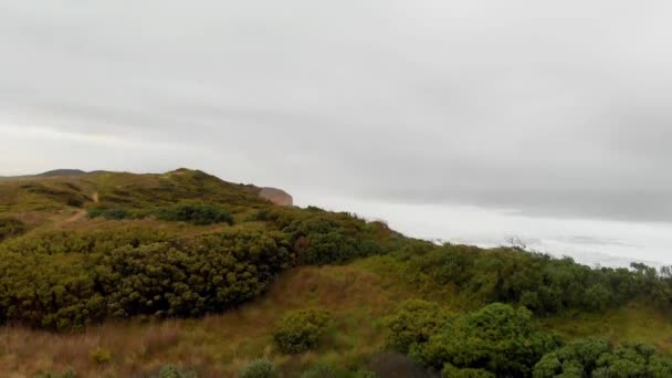 Vista aérea de los Doce Apóstoles, una colección de pilas de piedra caliza frente a la orilla del Parque Nacional Port Campbell desde Gibson Steps en un día nublado — Vídeo de stock