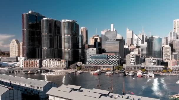 Вид с высоты птичьего полета на Сидней из гавани Дарлинг. Точка зрения дрона — стоковое видео