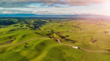 Bahar mevsiminde renkli Yeni Zelanda kırsalının hava manzarası.