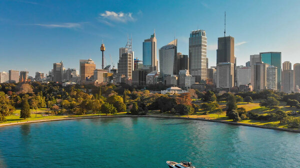 Aerial view of Sydney skyline from Sydney Harbour.