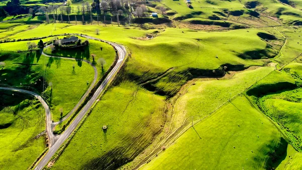 Luchtfoto Van Kleurrijk Nieuw Zeeland Platteland Het Voorjaar — Stockfoto