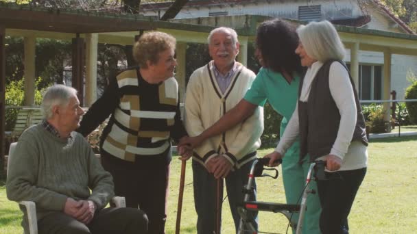 Grupp av äldre mogna människor med funktionshinder avkopplande utomhus i trädgården med hjälp av en afrikansk sjuksköterska — Stockvideo