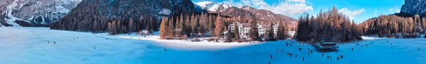 Lago Braies Cancellato Inverno Veduta Aerea Dal Drone Alpi Italiane — Foto Stock