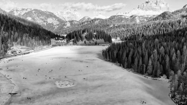 Italské Dolomity Zimě Letecký Pohled Misurinu — Stock fotografie