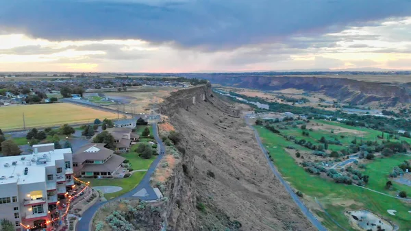 Flygfoto Över Twin Falls Landsbygd Vid Solnedgången Med Snake River — Stockfoto