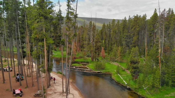 Yellowstone Wald Und Fluss Panorama Luftaufnahme Der Sommersaison Wyoming Usa — Stockfoto