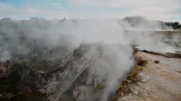 Kratery Parku Gejzerów Księżyca, Nowa Zelandia. Para z geotermalnej doliny. Zwolniony ruch — Wideo stockowe