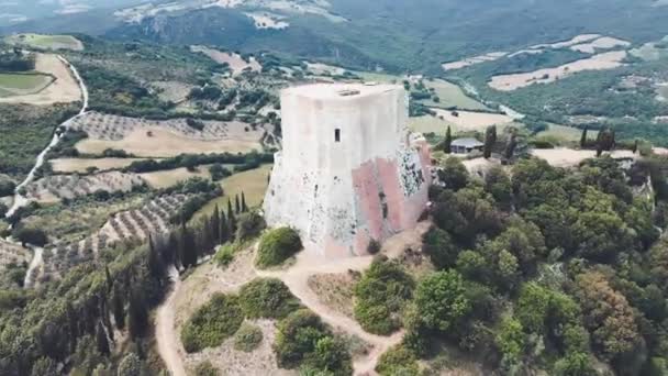 罗卡丁丁那，托斯卡纳。中世纪著名城镇Orcia Valley的圆形空中景观 — 图库视频影像