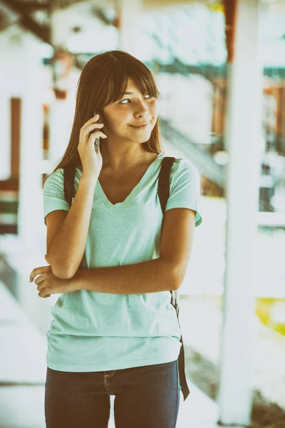 Asiangirl Standing School Talking Smartphone — Stock Photo, Image