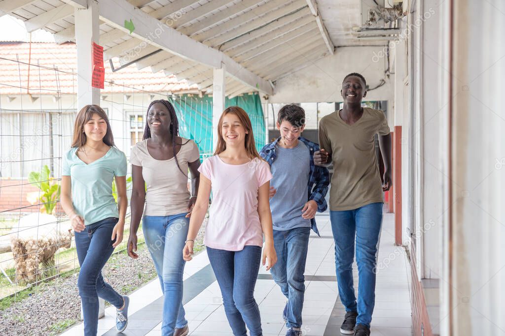 Group of mixed races happy teenagers laughing at school.