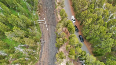 Yellowstone Nehri ve Ormanı 'nın yaz mevsiminde havadan görünüşü, ABD.