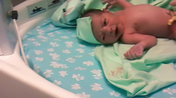 Médico Pediatra Examinando Bebé Clínica Bebé Recién Nacido Llorando Cama —  Fotos de Stock