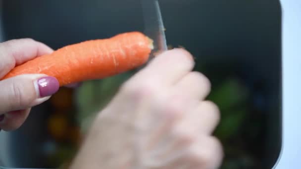 Kvinna som skalar en morot i köket, slow motion — Stockvideo