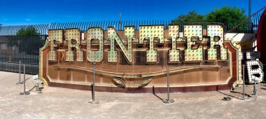 LAS VEGAS - JUNE 27, 2019: The Neon Museum, collection of neon old signs on a beautiful sunny day. Panoramic view.