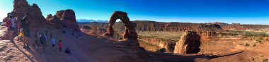 MOAB, UT - JULY 2, 2019: Amazing Delicate Arch in Arches National Park, Utah. Panoramic view.