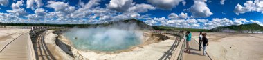 YELLOWStone, Montaja - 10 Temmuz 2019: Turistler güzel bir yaz gününde ünlü gayzerleri ve havuzları ziyaret ederler. Panoramik görünüm.