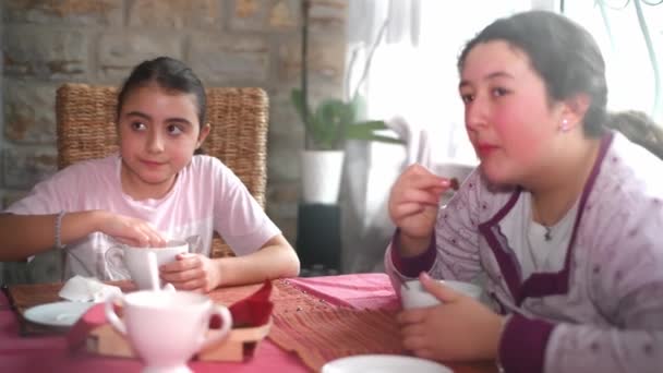 Две сестры дома готовят завтрак — стоковое видео