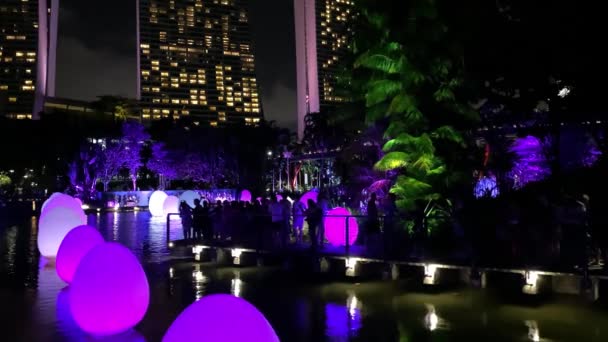 SINGAPUR - 1 DE ENERO DE 2020: Instalación de luces inmersivas en los jardines junto a la bahía de Singapur, Huevos iluminados en el lago — Vídeo de stock