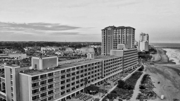 Aerial view of Myrtle Beach skyline at sunset from drone point of view, South Carolina.