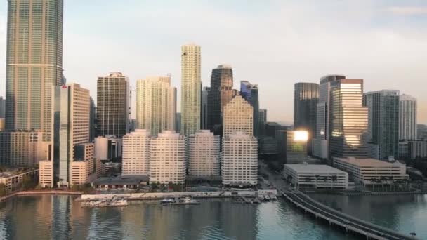 Amazing drone aerial view of Downtown Miami and Brickell Key at dawn, Florida — Stock Video