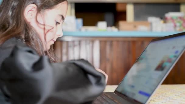 Menina usando laptop em casa. Conceito de ensino e aprendizagem em casa — Vídeo de Stock