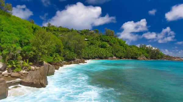 Drone Punto Vista Della Bellissima Costa Delle Seychelles Una Giornata — Foto Stock