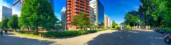 2016年5月18日 阳光明媚的春日 新宿国家花园和建筑物 全景视图 — 图库照片