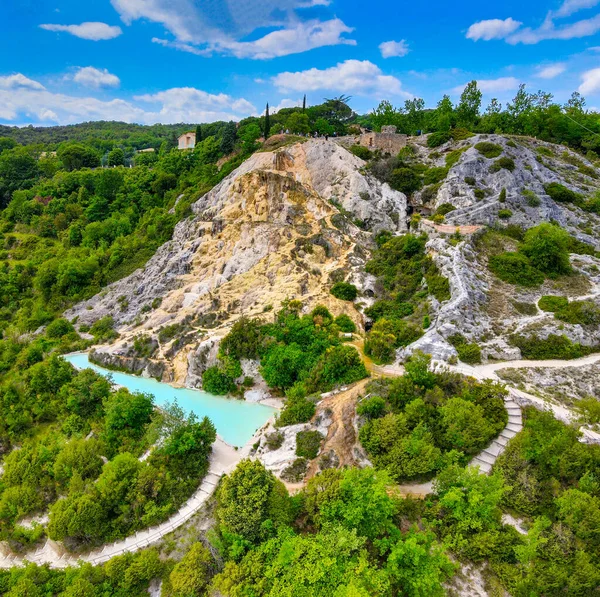 Flygfoto Över Bagno Vignoni Naturliga Pooler Längs Kullarna Toscana — Stockfoto