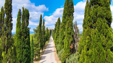 Tuscany 'deki insansız hava aracından Banfi Kalesi' nin hava görüntüsü, bahar mevsimi..