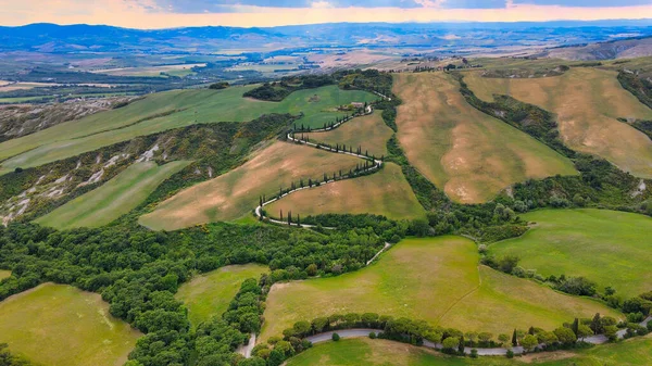 Vista Aérea Las Colinas Toscana Temporada Primavera Desde Dron — Foto de Stock