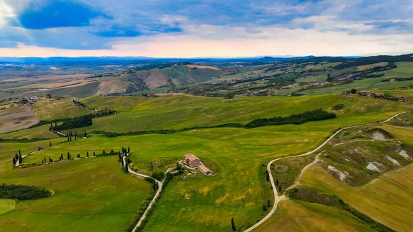 Luchtfoto Van Toscane Heuvels Het Voorjaar Van Drone — Stockfoto