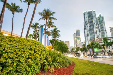 MIAMI, FL - 28 Şubat 2016: Biscayne Bulvarı 'nda geceleyin gökdelen.