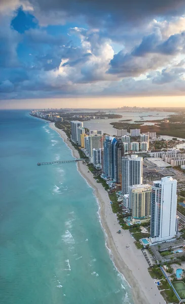 Incroyable Hélicoptère Vue Aérienne Littoral Miami Beach Coucher Soleil Hiver — Photo