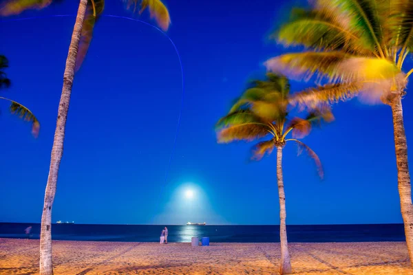 Tropikalna Plaża Palmami Parą Wybrzeżu Statkami Tle — Zdjęcie stockowe