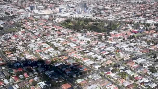 Aerial view of Merbourne skyline from helicopter in slow motion, Australia. City panorama on a sunny day — Stock Video