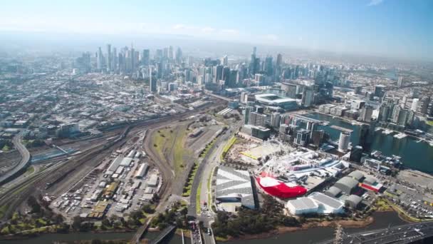 Aerial view of Merbourne skyline from helicopter in slow motion, Australia. City panorama on a sunny day — Stock Video