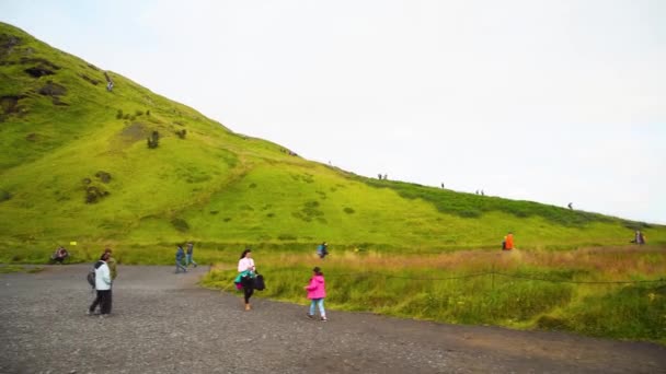 Skogafoss καταρράκτες στην Ισλανδία, θερινή περίοδος — Αρχείο Βίντεο