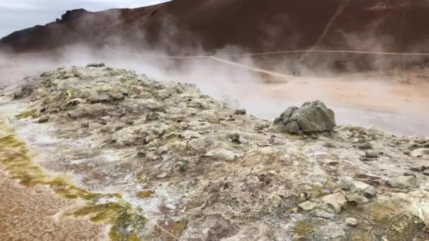 Hverir geothermal springs with smoke, Iceland in summer season — Stock Video
