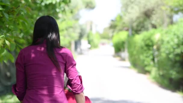 Back View Of A Young Woman Assisting Her Disabled Mother On Wheelchair In The City Park — Stockvideo