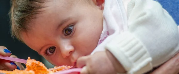 Bebê Jovem Tentando Comer Comida Prato Plástico — Fotografia de Stock