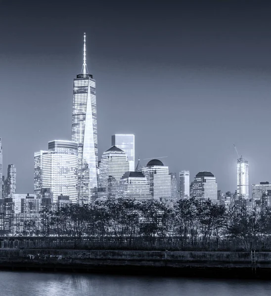 Skyline Notturno Lower Manhattan Bianco Nero — Foto Stock