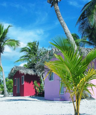 Renkli sahil kulübeleri. Tropikal arkaplan dinleniyor.
