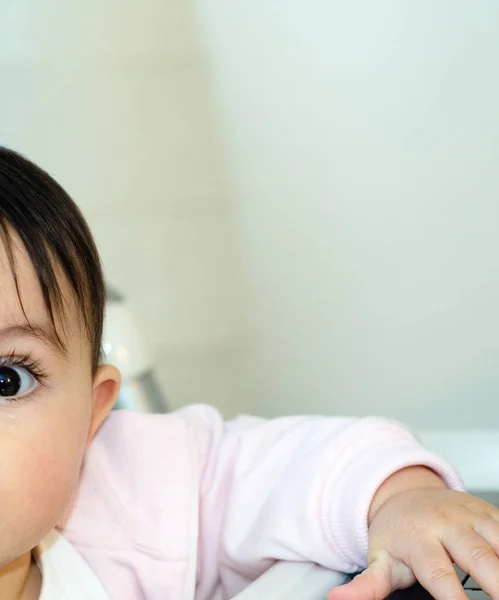 Year Baby Girl Trying Use Her Netbook Italy — Stock Photo, Image